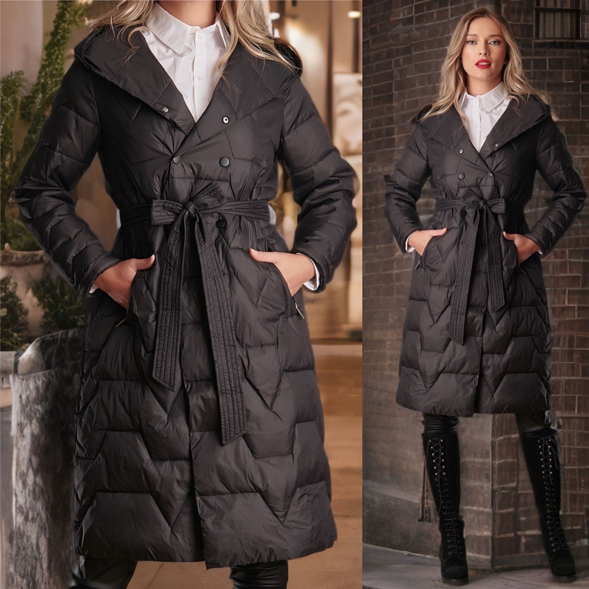 Geaca neagra lunga cu cordon in talie - Iulia