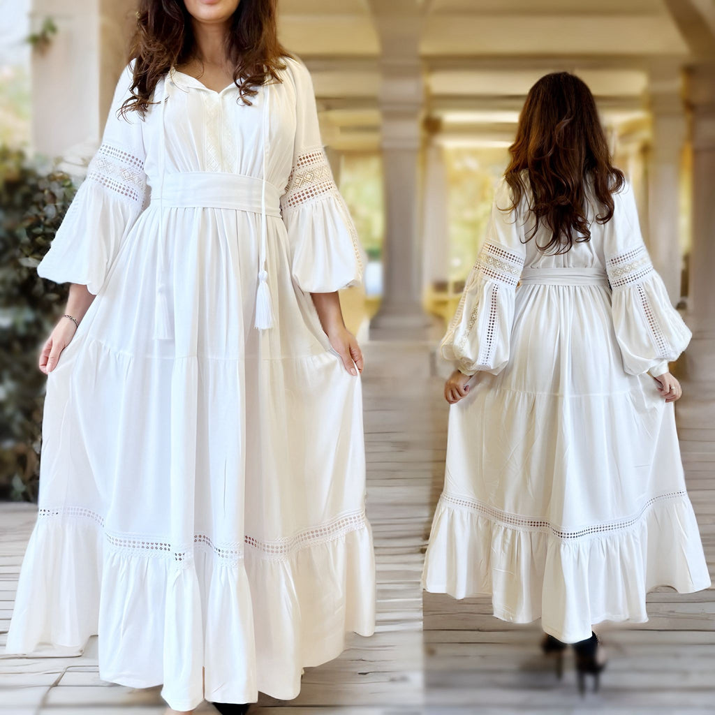 Rochie Nationala alba din in natural, cu maneci ample si dantela - Alma