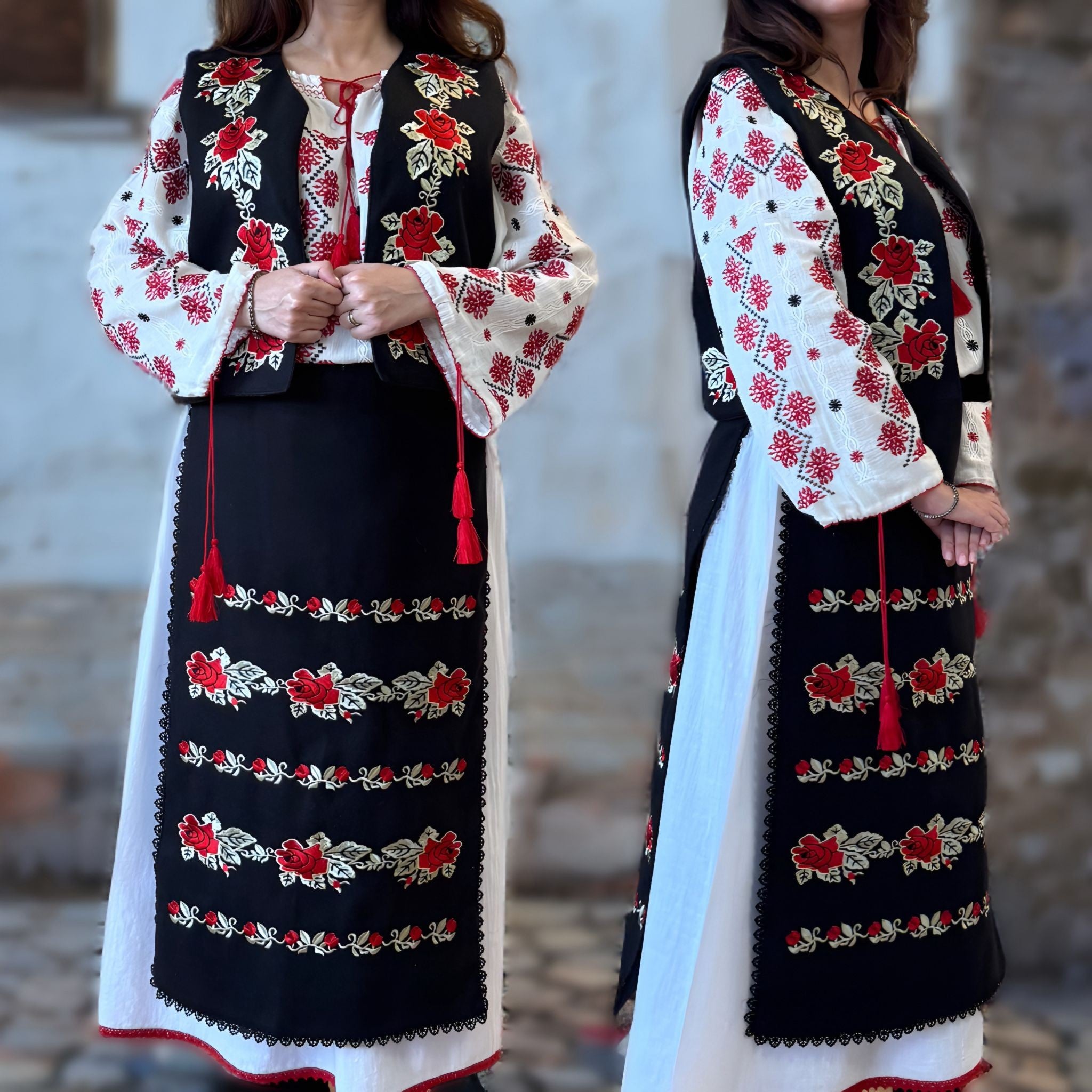 Costum Popular cu 4 piese, model Traditional cu broderie florala - Bianca rosu