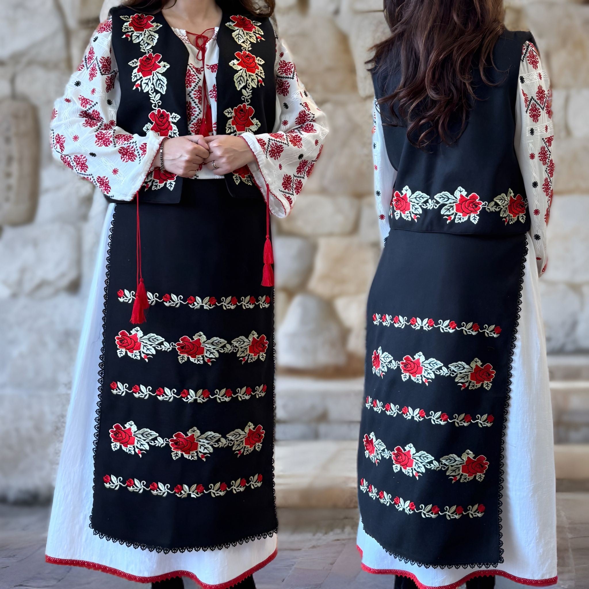 Costum Popular cu 4 piese, model Traditional cu broderie florala - Bianca rosu