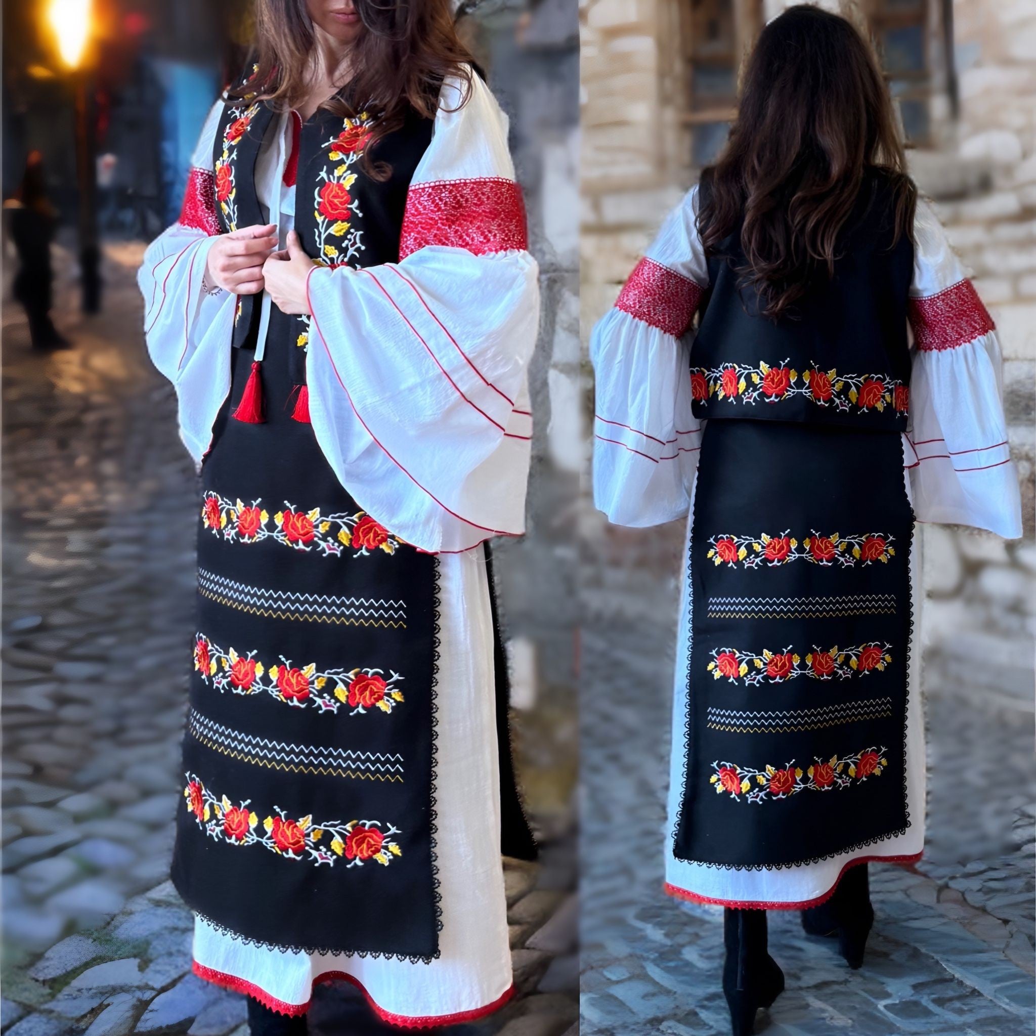 Costum Popular cu 4 piese, model Traditional cu broderie florala - Nicolle alb