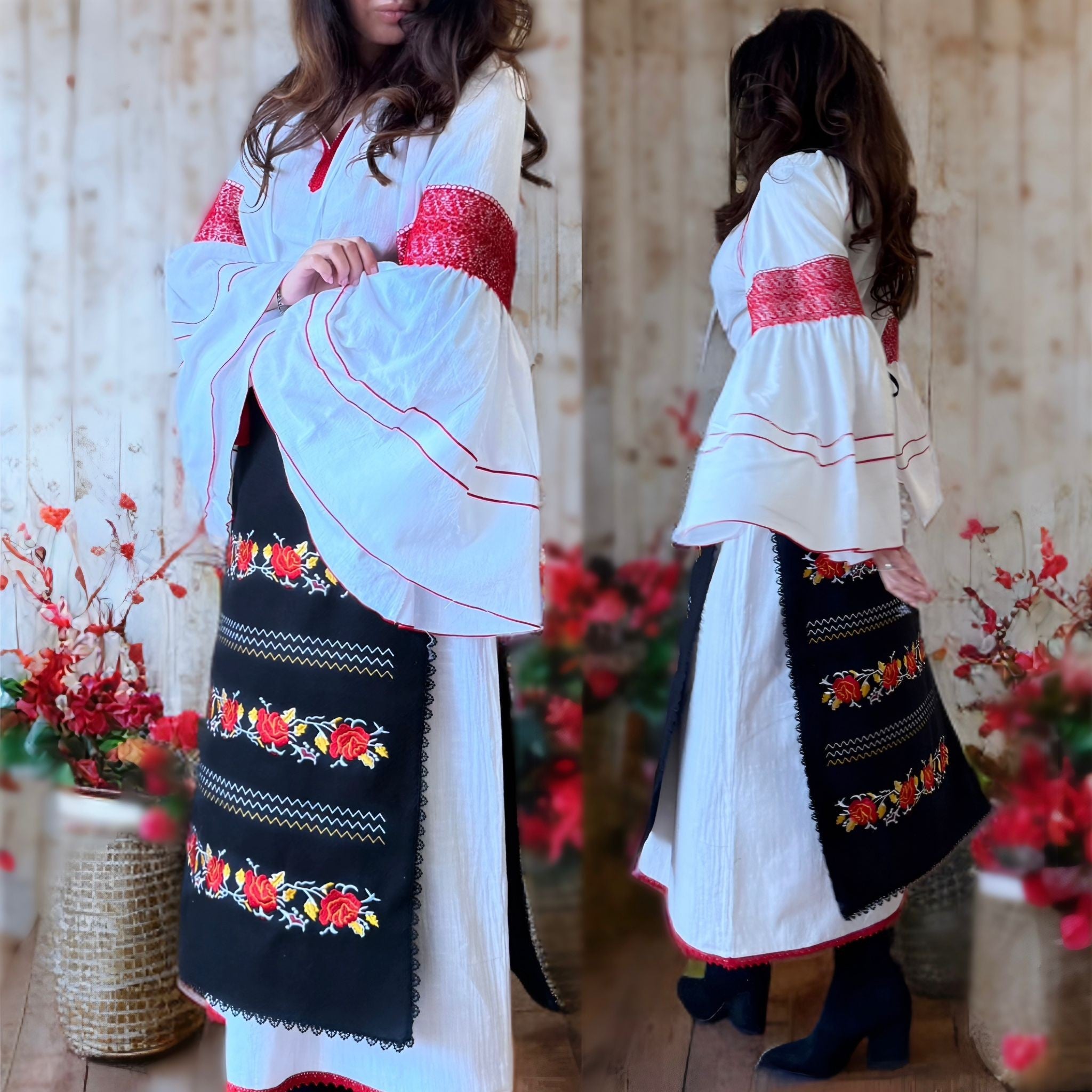 Set, Costum Popular cu 3 piese Traditionale si broderie - Nicolle alb