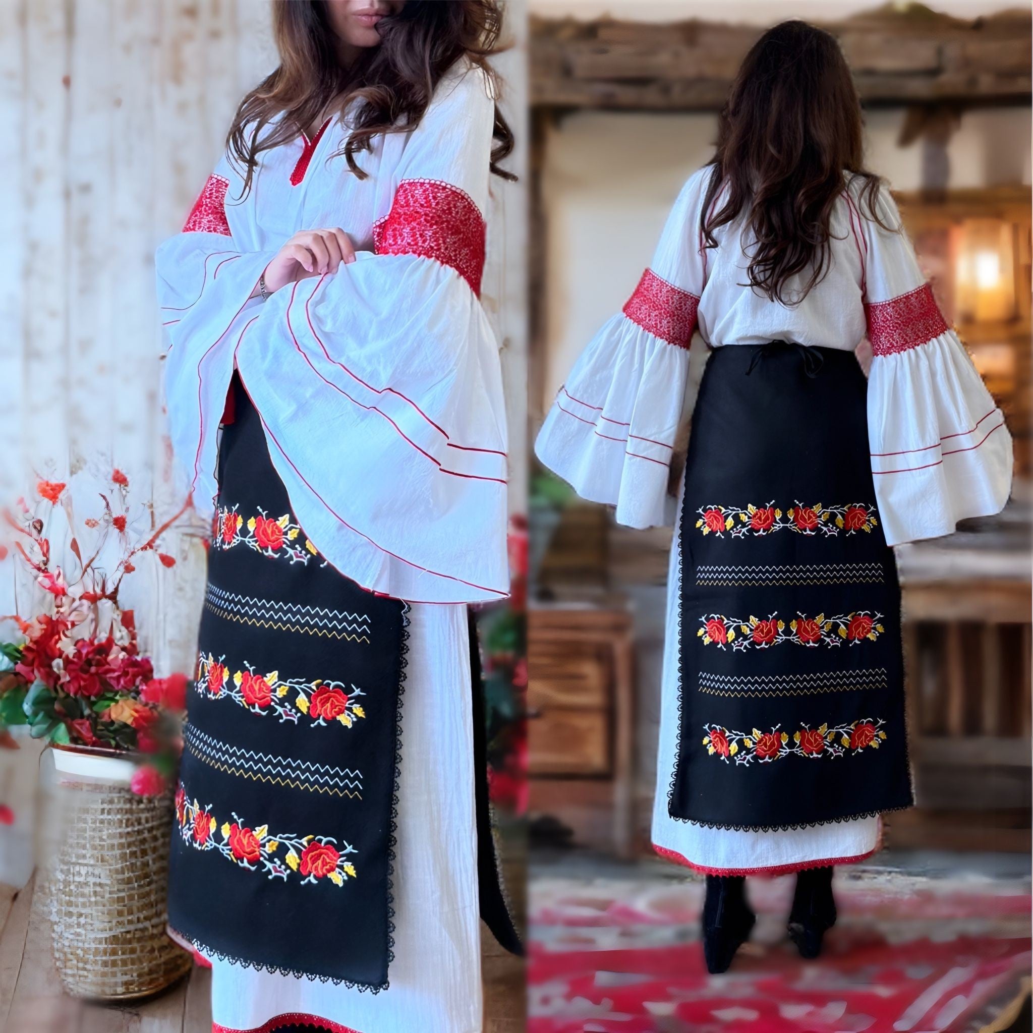 Set, Costum Popular cu 3 piese Traditionale si broderie - Nicolle alb