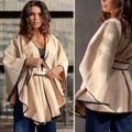 Poncho oversize crem cu cordon si broderie - Ela 01