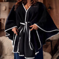 Poncho oversize negru cu cordon si broderie - Ela 02