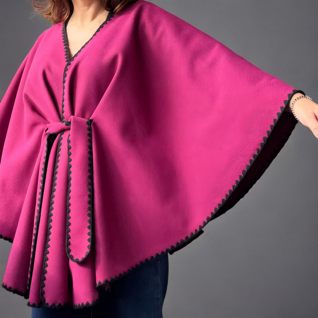 Poncho oversize rosu cu cordon si broderie - Ela 03