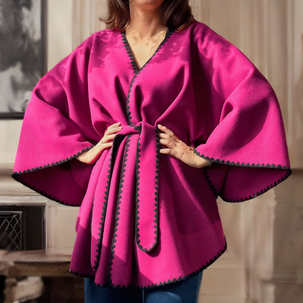Poncho oversize rosu cu cordon si broderie - Ela 03