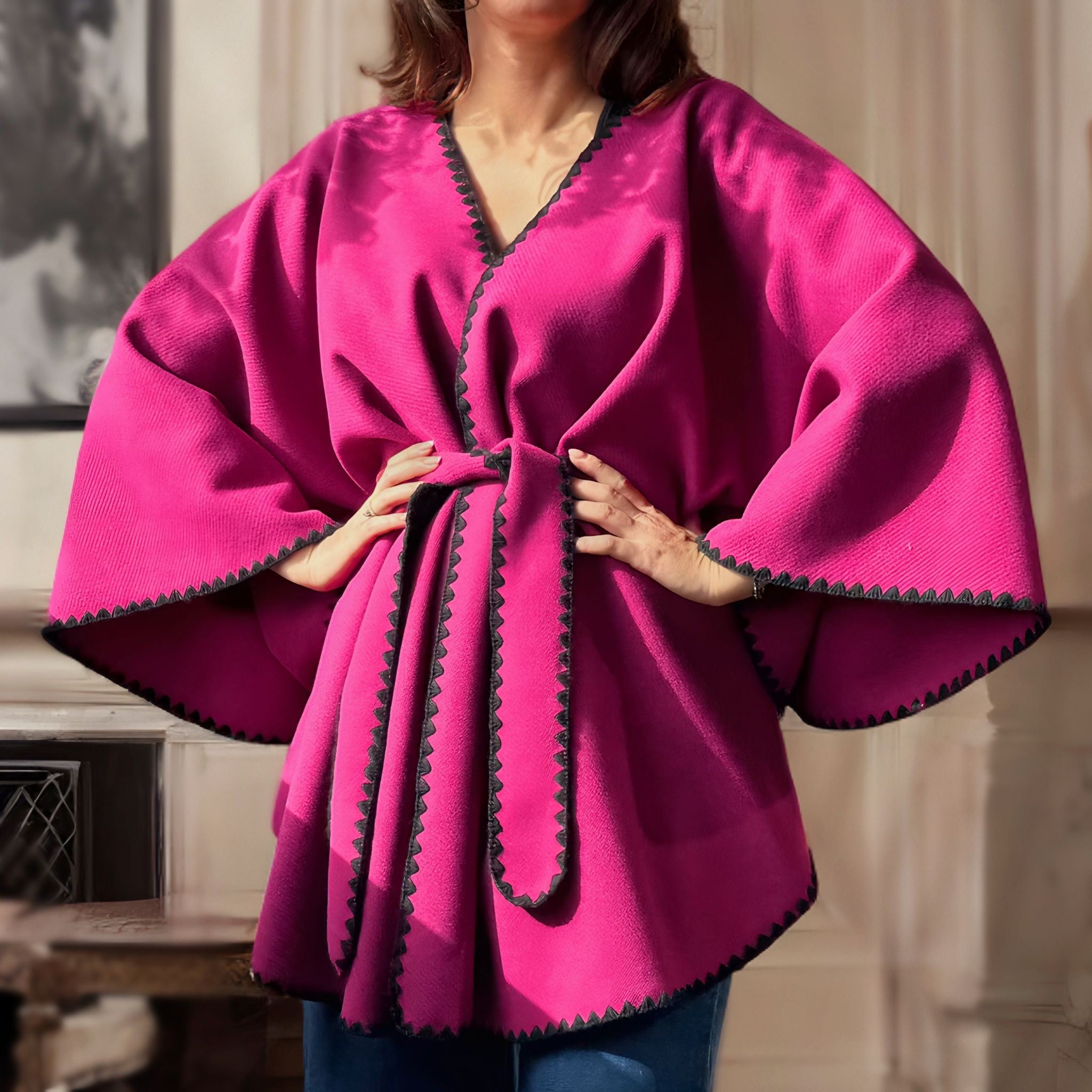 Poncho oversize rosu cu cordon si broderie - Ela 03