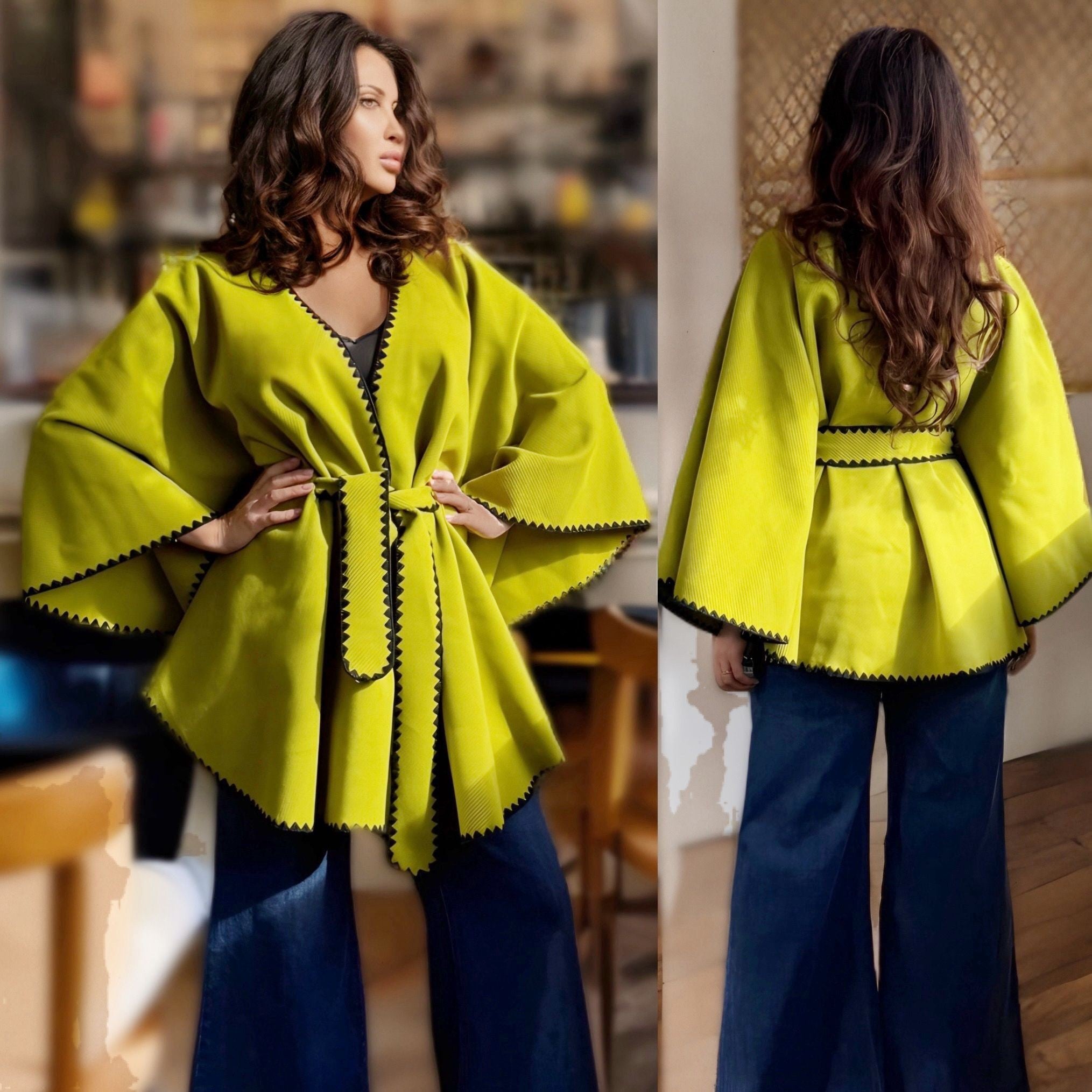 Poncho oversize verde cu cordon si broderie - Ela 04