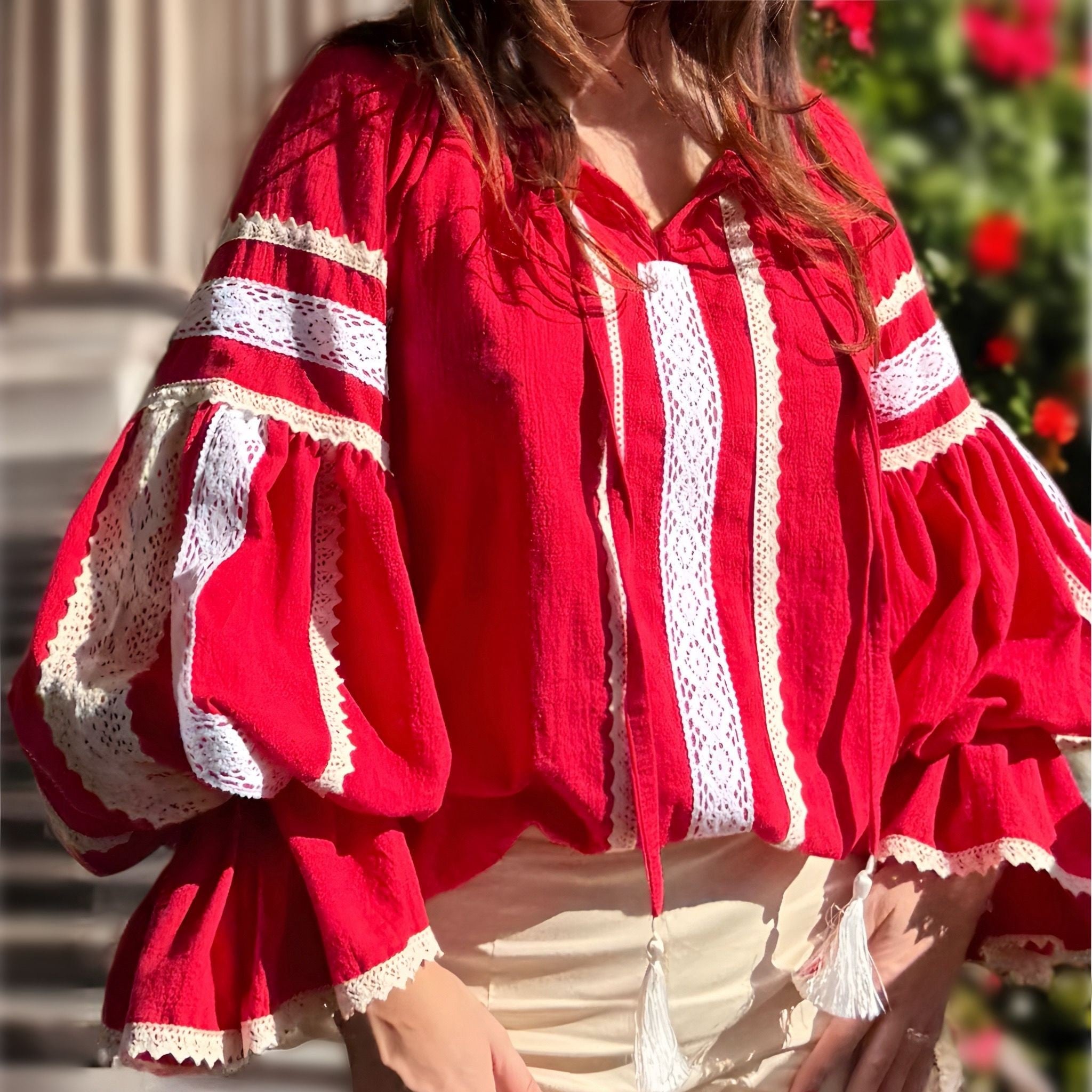 IE Nationala din panza de bumbac rosie si dantela - Vica 03