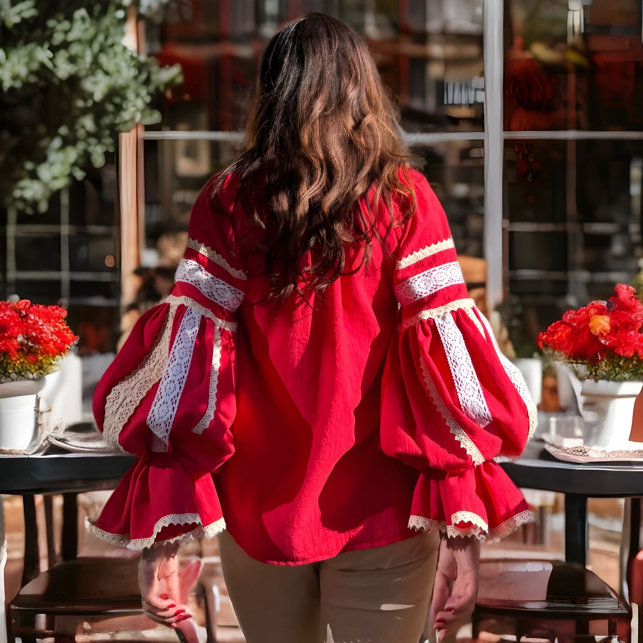 IE Nationala din panza de bumbac rosie si dantela - Vica 03