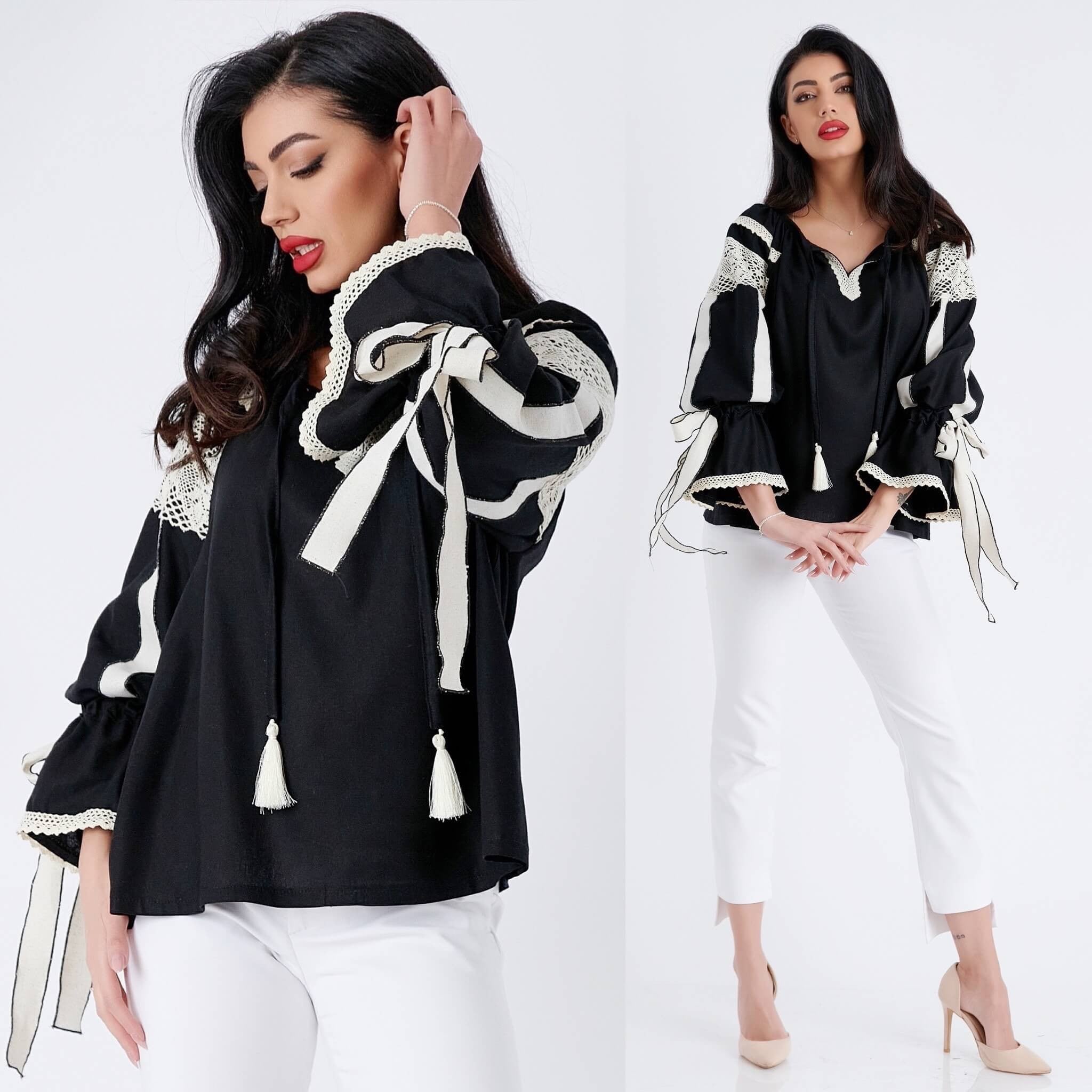 IE Nationala neagra din panza de in natural, cu dantela traditionala crosetata - Valeria negru 05