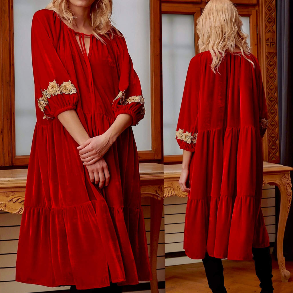 Rochie din catifea rosie accesorizata cu trandafiri - Malina