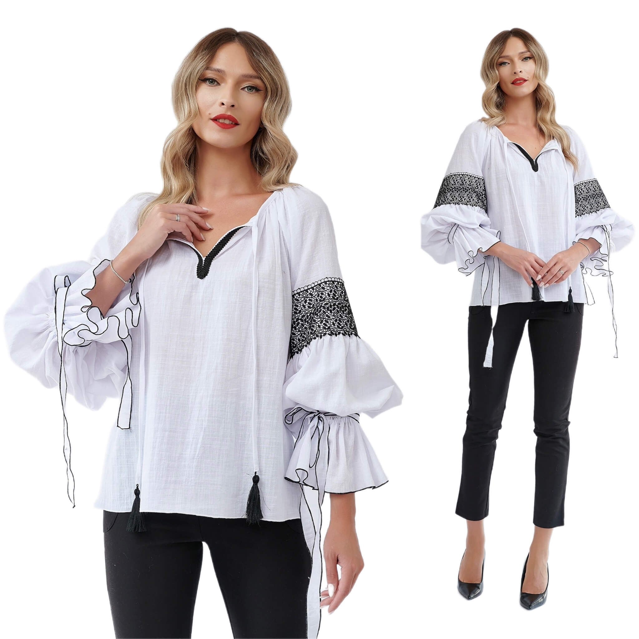 IE Nationala alba, din panza topita cu maneci clopot si dantela brodata - Nicolle