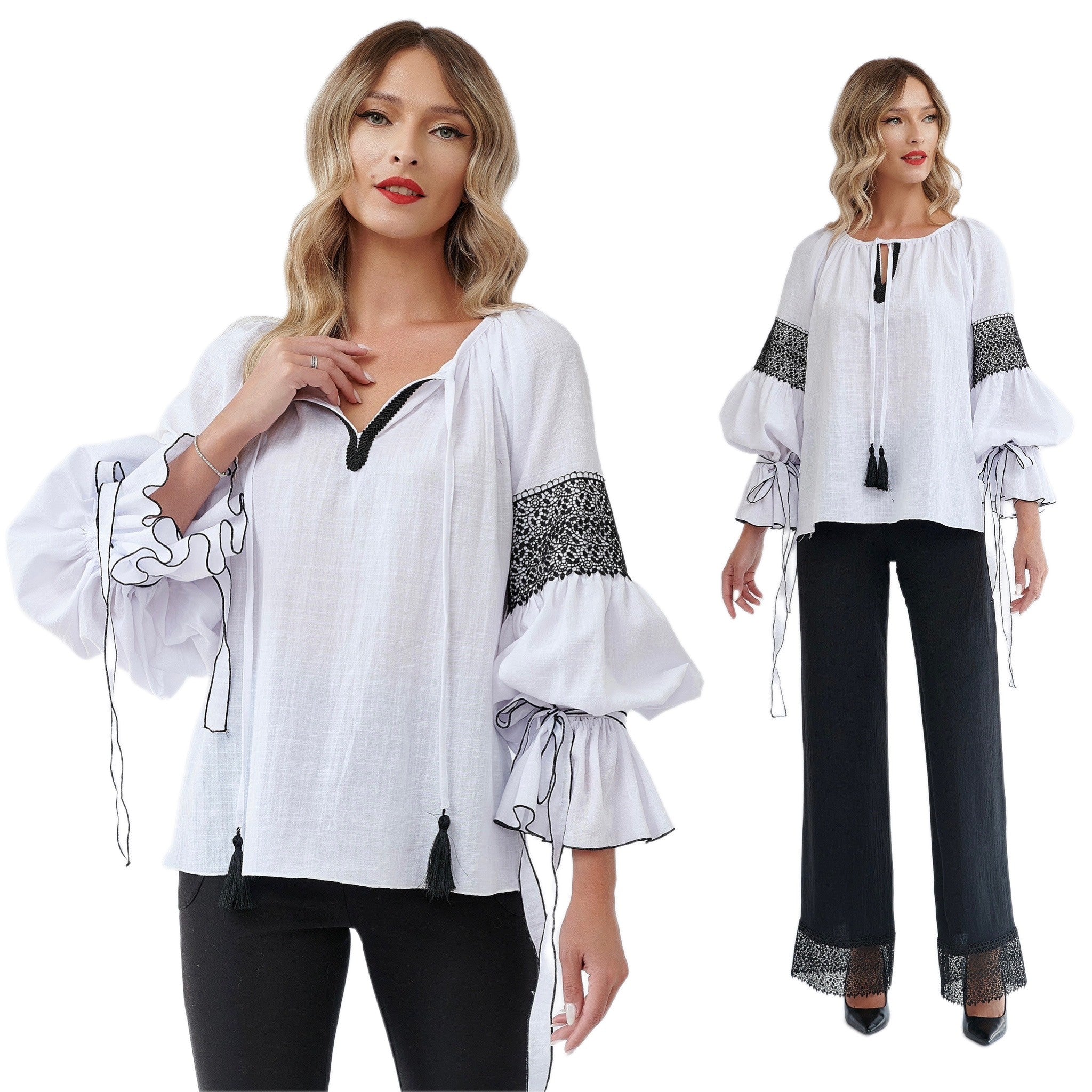 IE Nationala alba, din panza topita cu maneci clopot si dantela brodata - Nicolle