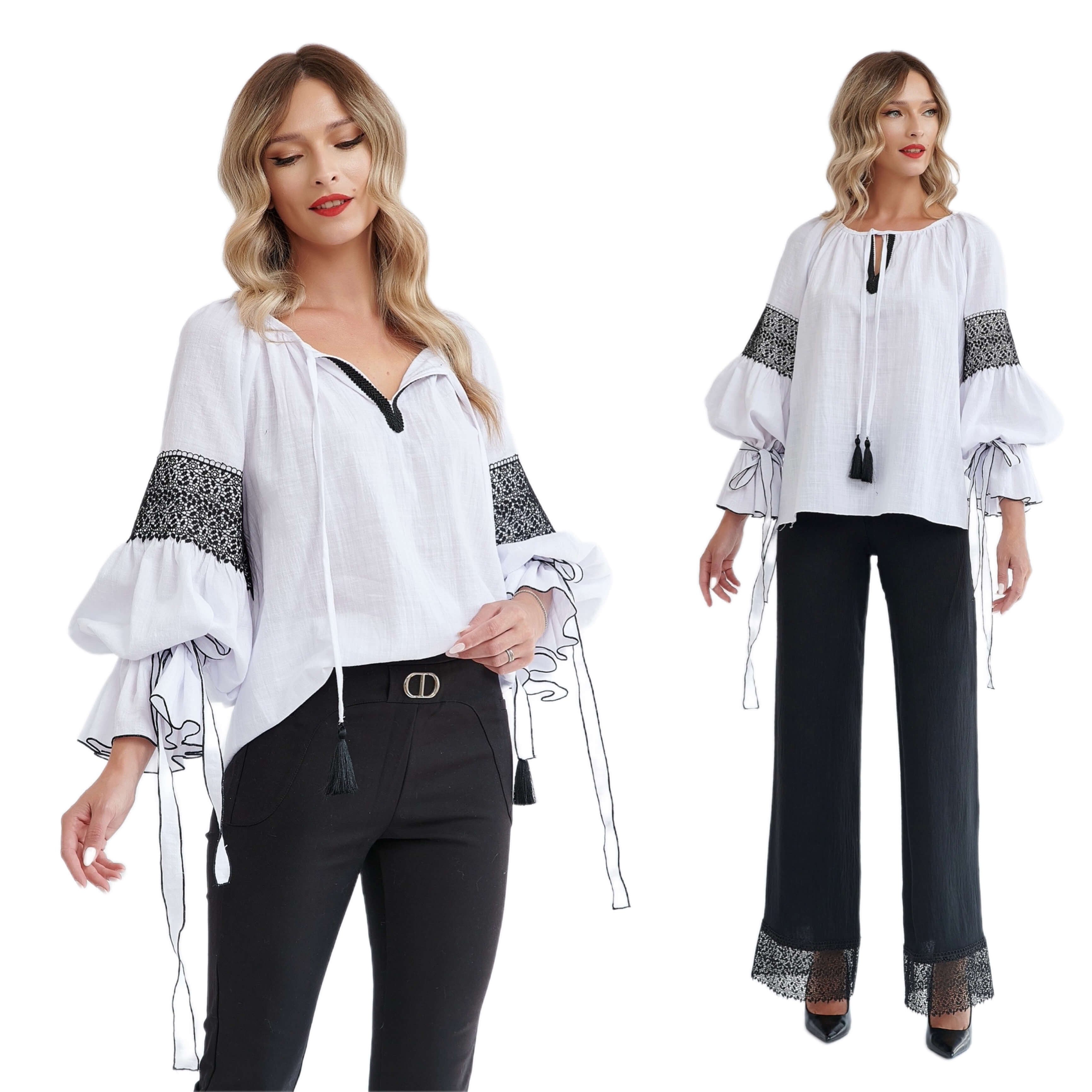 IE Nationala alba, din panza topita cu maneci clopot si dantela brodata - Nicolle