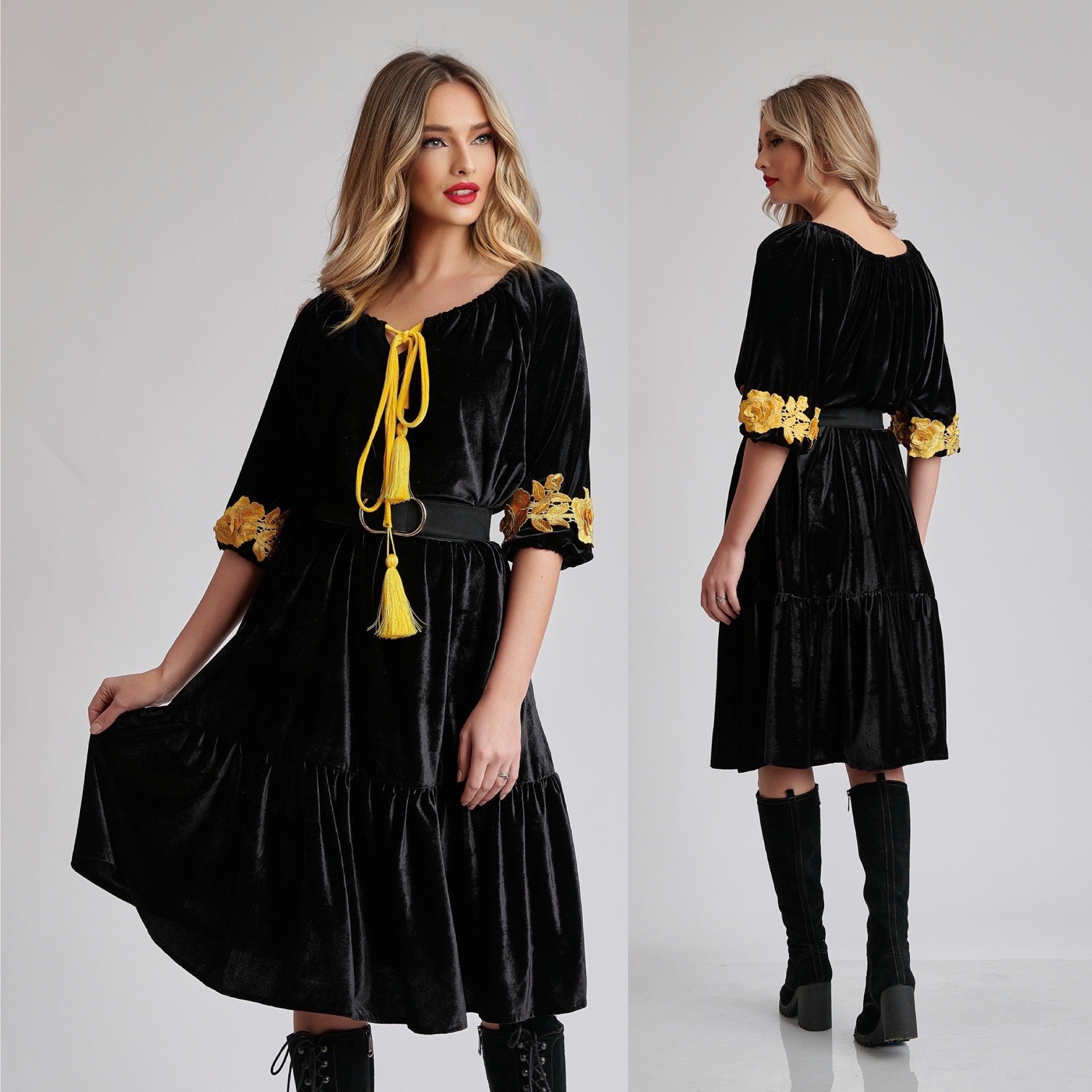 Rochie din catifea neagra accesorizata cu dantela - Valentina