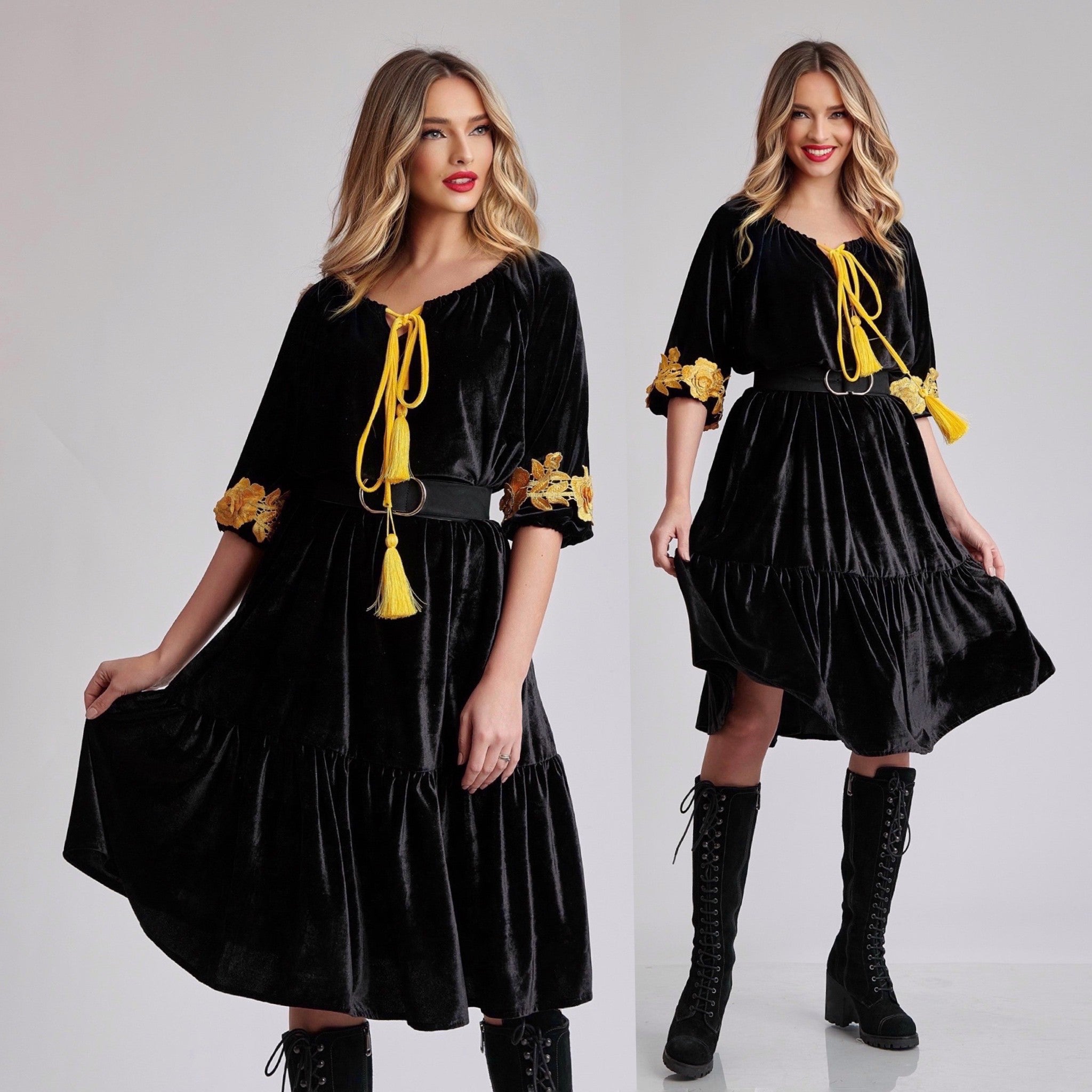 Rochie din catifea neagra accesorizata cu dantela - Valentina