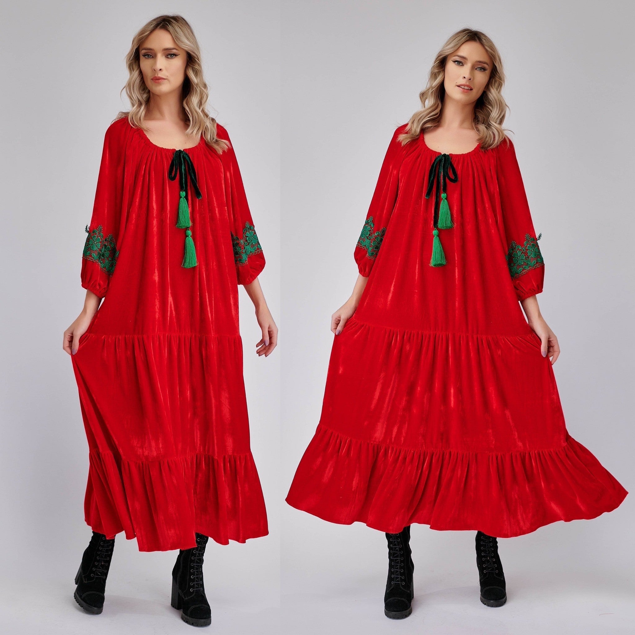 Rochie din catifea rosie cu croi vaporos si accesorizata cu dantela - Elena 03