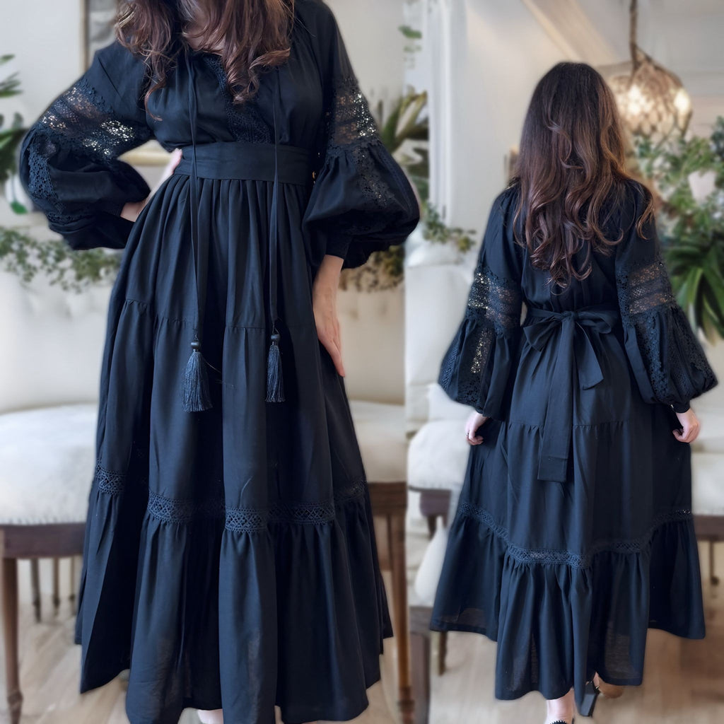 Rochie Nationala neagra din in natural, cu maneci ample si dantela - Alma 02