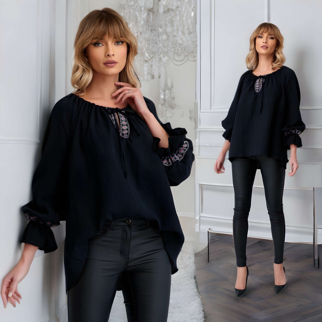 Bluza Nationala neagra din panza topita cu maneci evazate - Cornelia 03