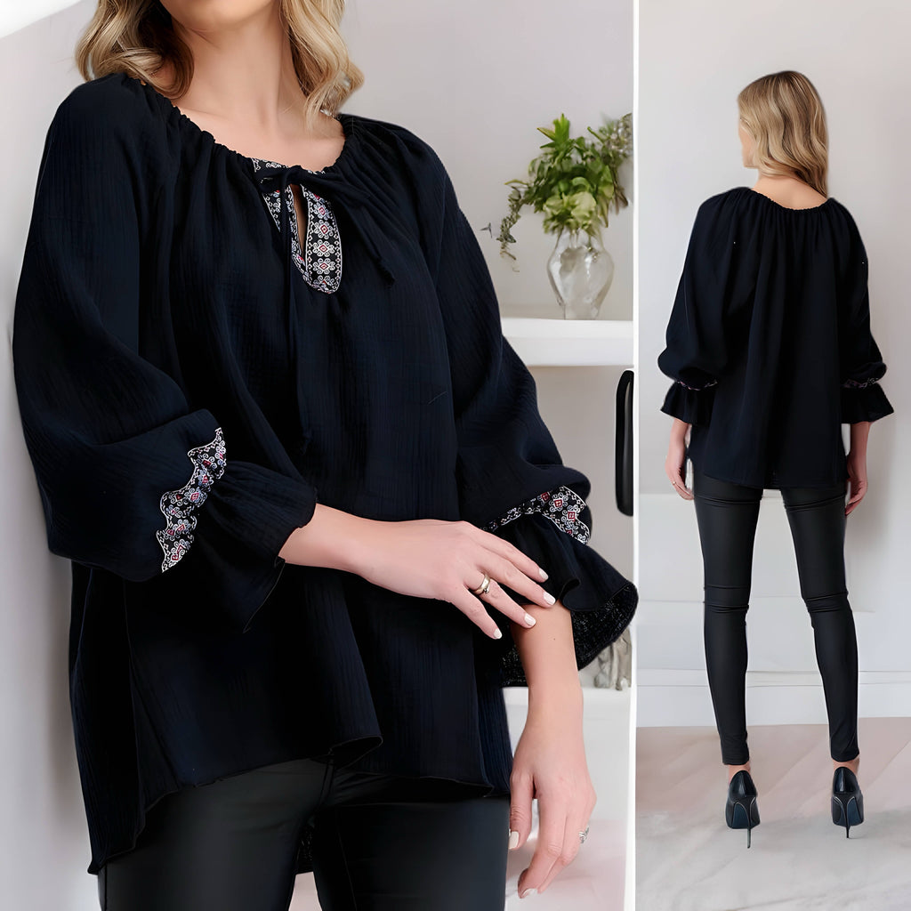 Bluza Nationala neagra din panza topita cu maneci evazate - Cornelia 03