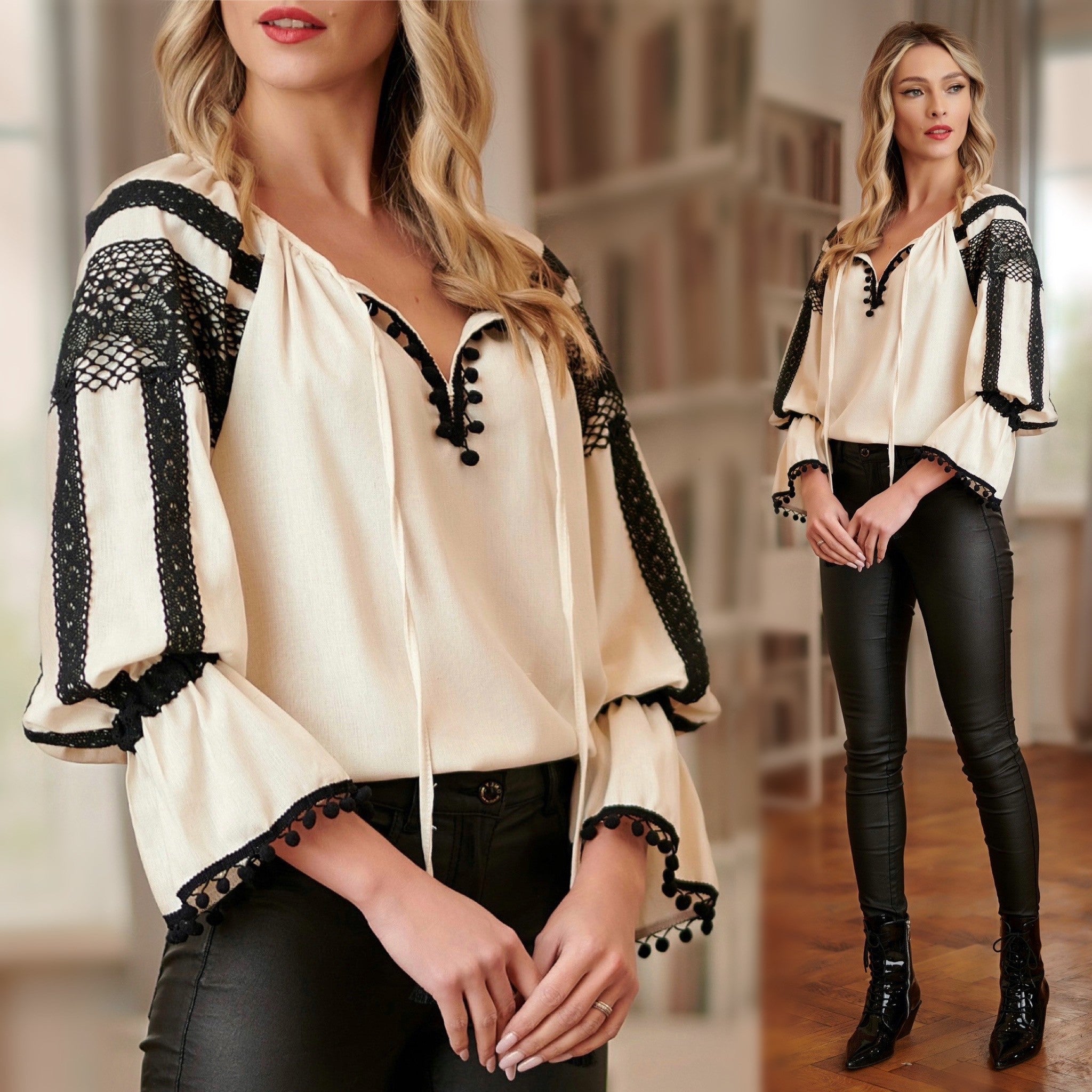 IE Nationala crem din panza de in natural, cu dantela traditionala crosetata - Valeria