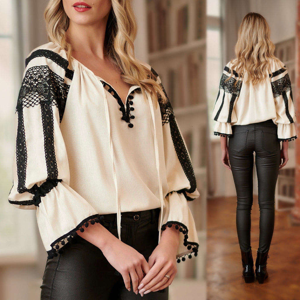 IE Nationala crem din panza de in natural, cu dantela traditionala crosetata - Valeria