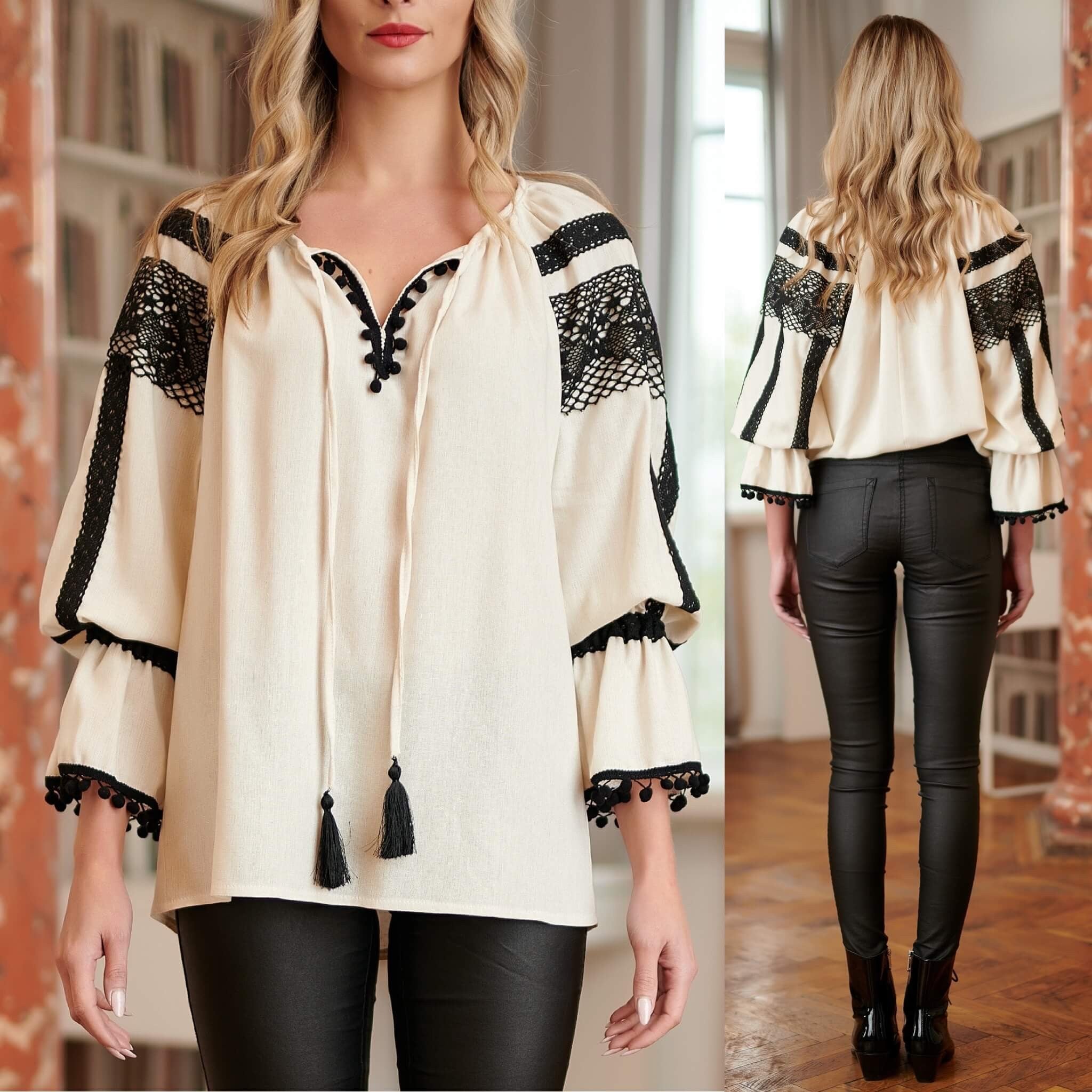 IE Nationala crem din panza de in natural, cu dantela traditionala crosetata - Valeria