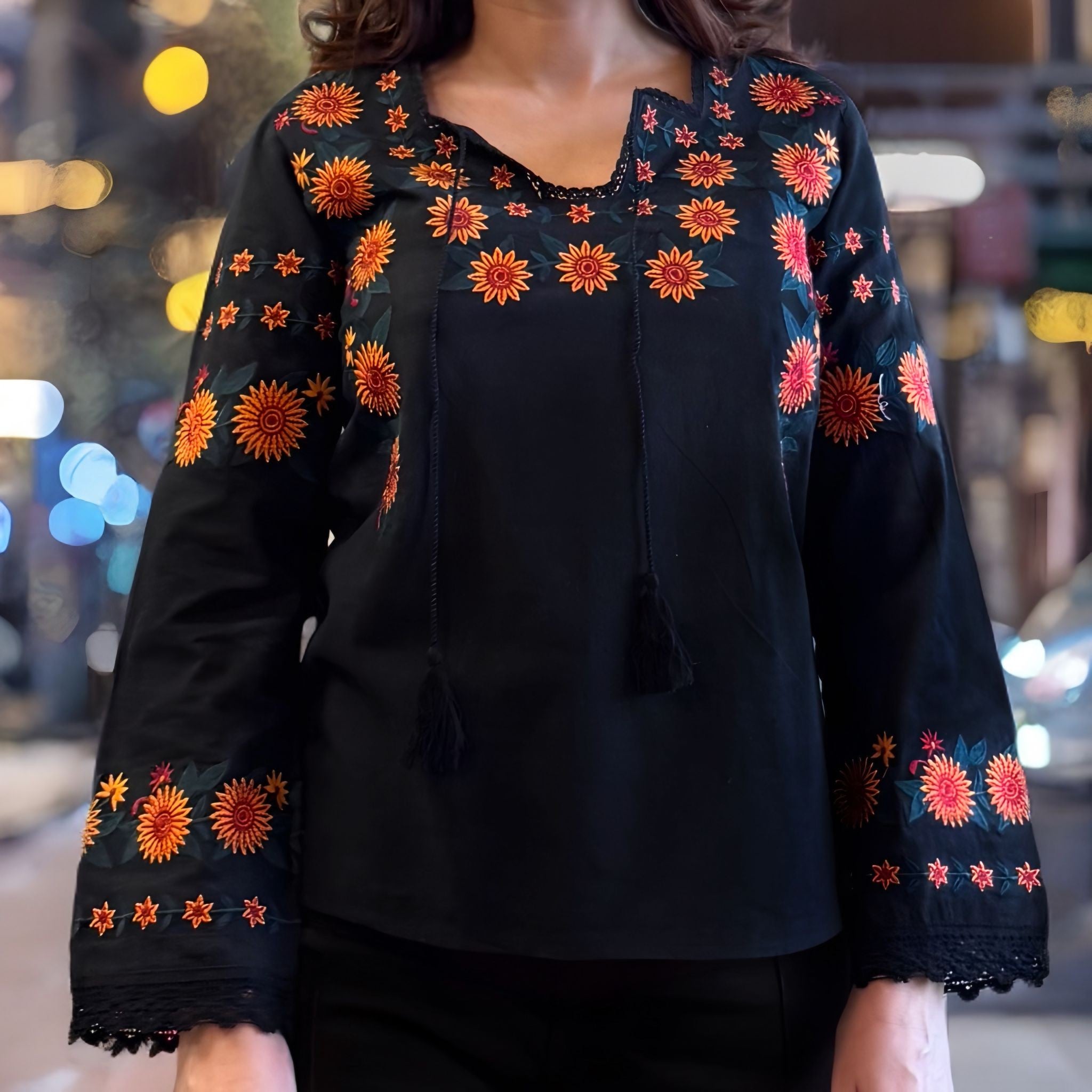 IE Nationala neagra cu broderie florala - Floarea Soarelui