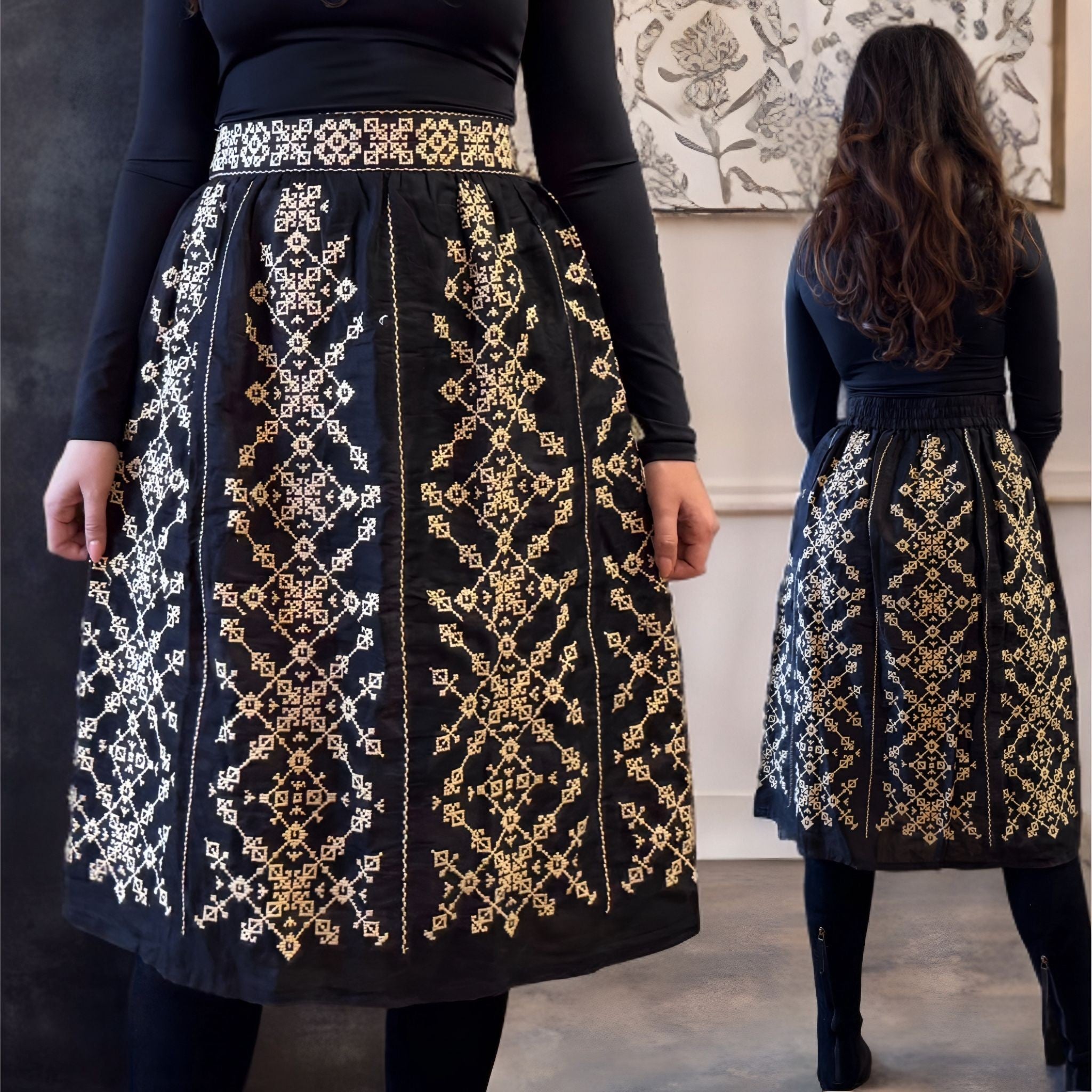 Fusta Traditionala neagra cu broderie crem - Elisabeta