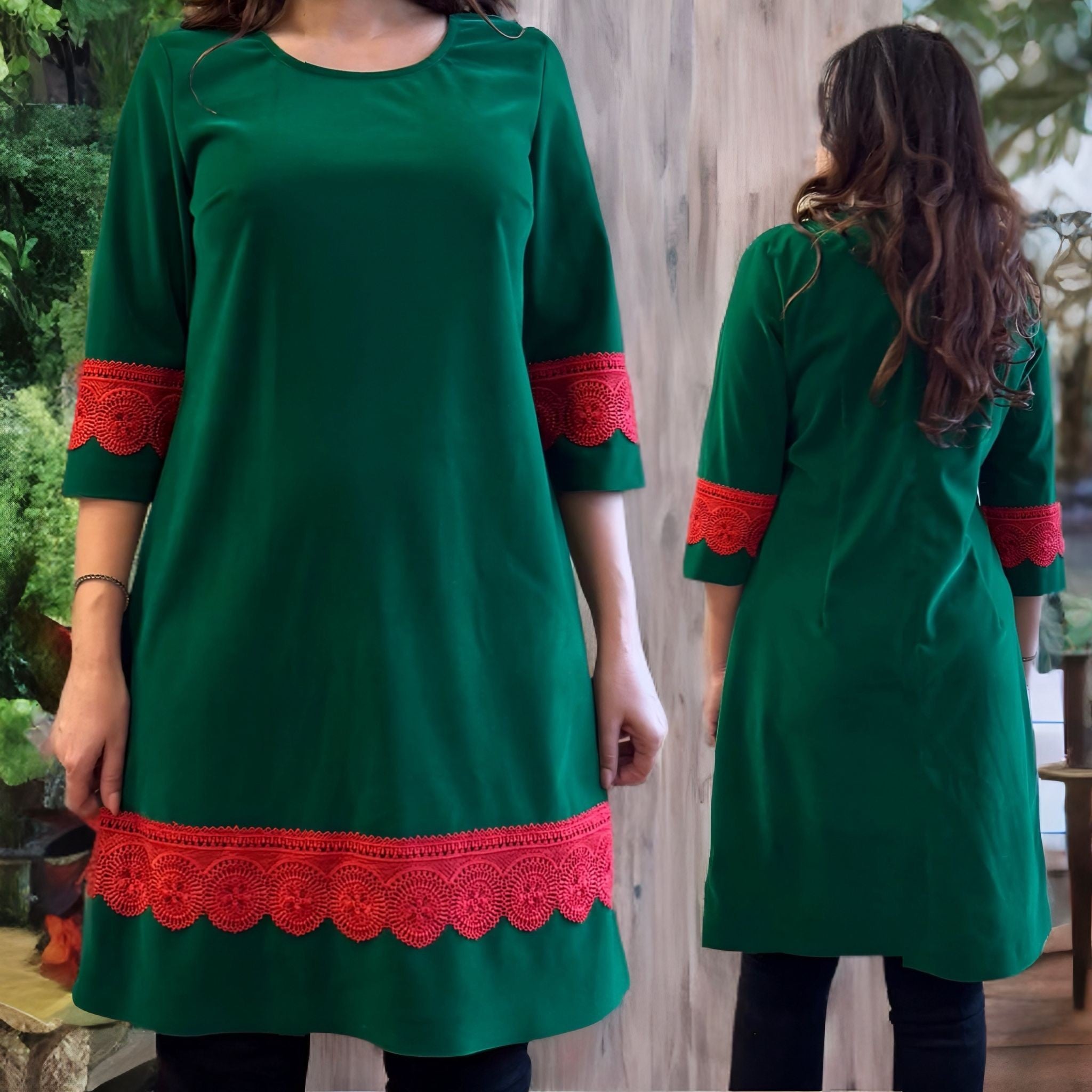 Rochie verde din catifea cu dantela rosie - Paula