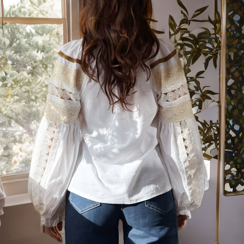 IE Nationala alba din panza de bumbac cu maneci bufante si dantela - Elisabeta alba 05