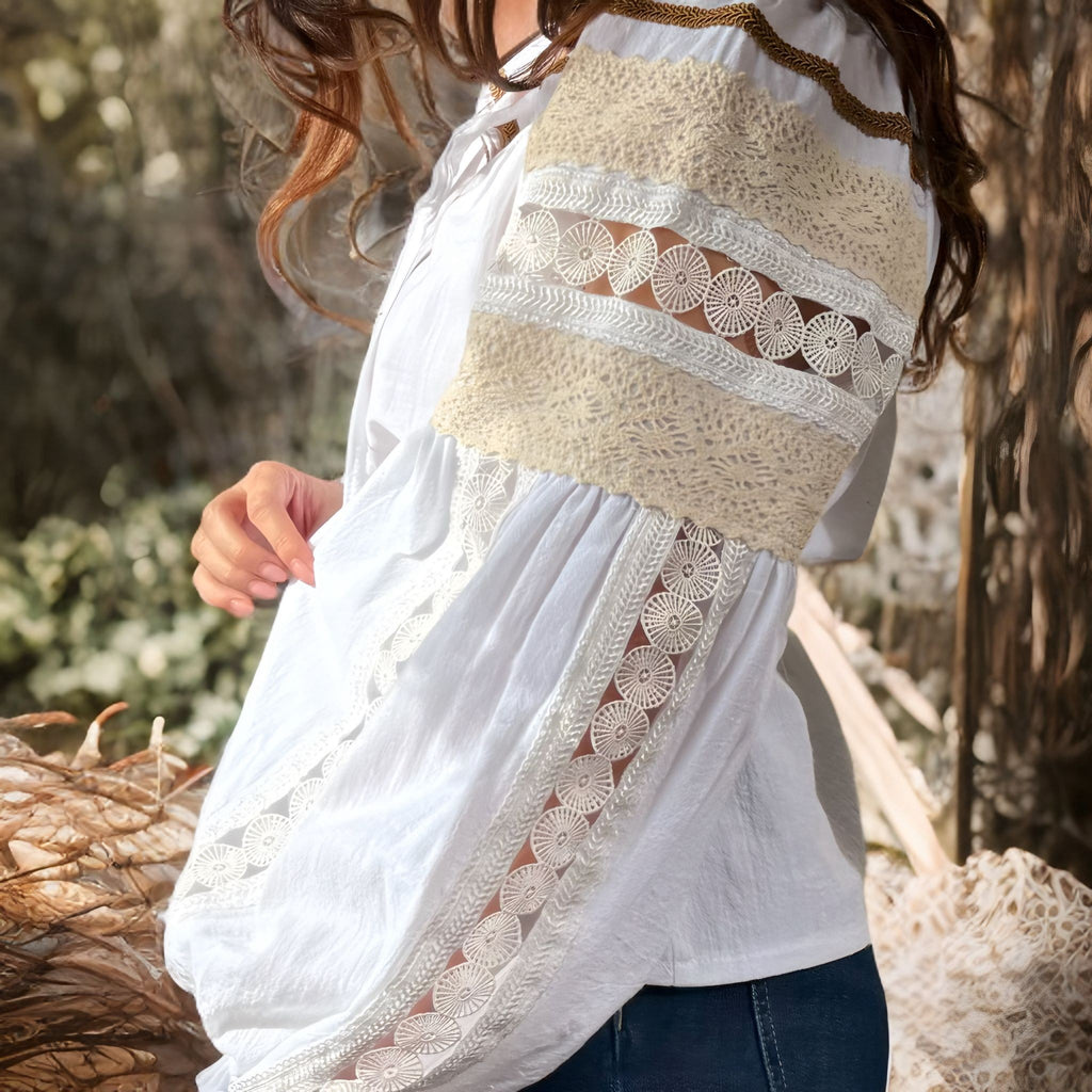 IE Nationala alba din panza de bumbac cu maneci bufante si dantela - Elisabeta alba 05