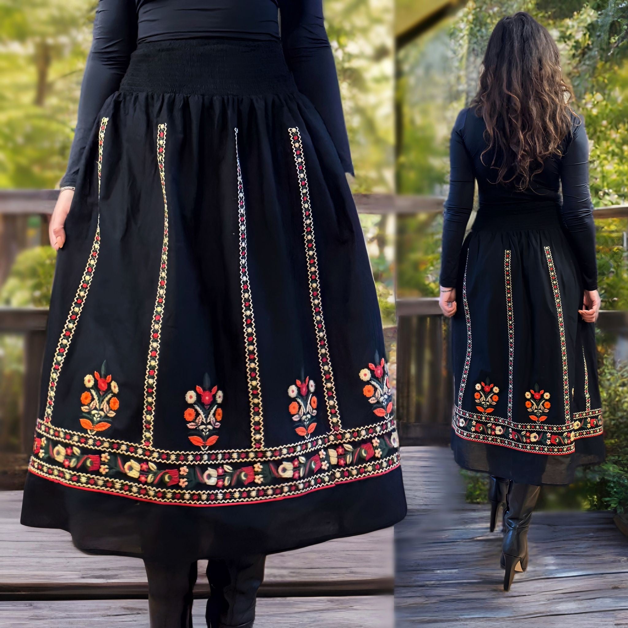 Fusta Traditionala neagra cu broderie florala - Rodica