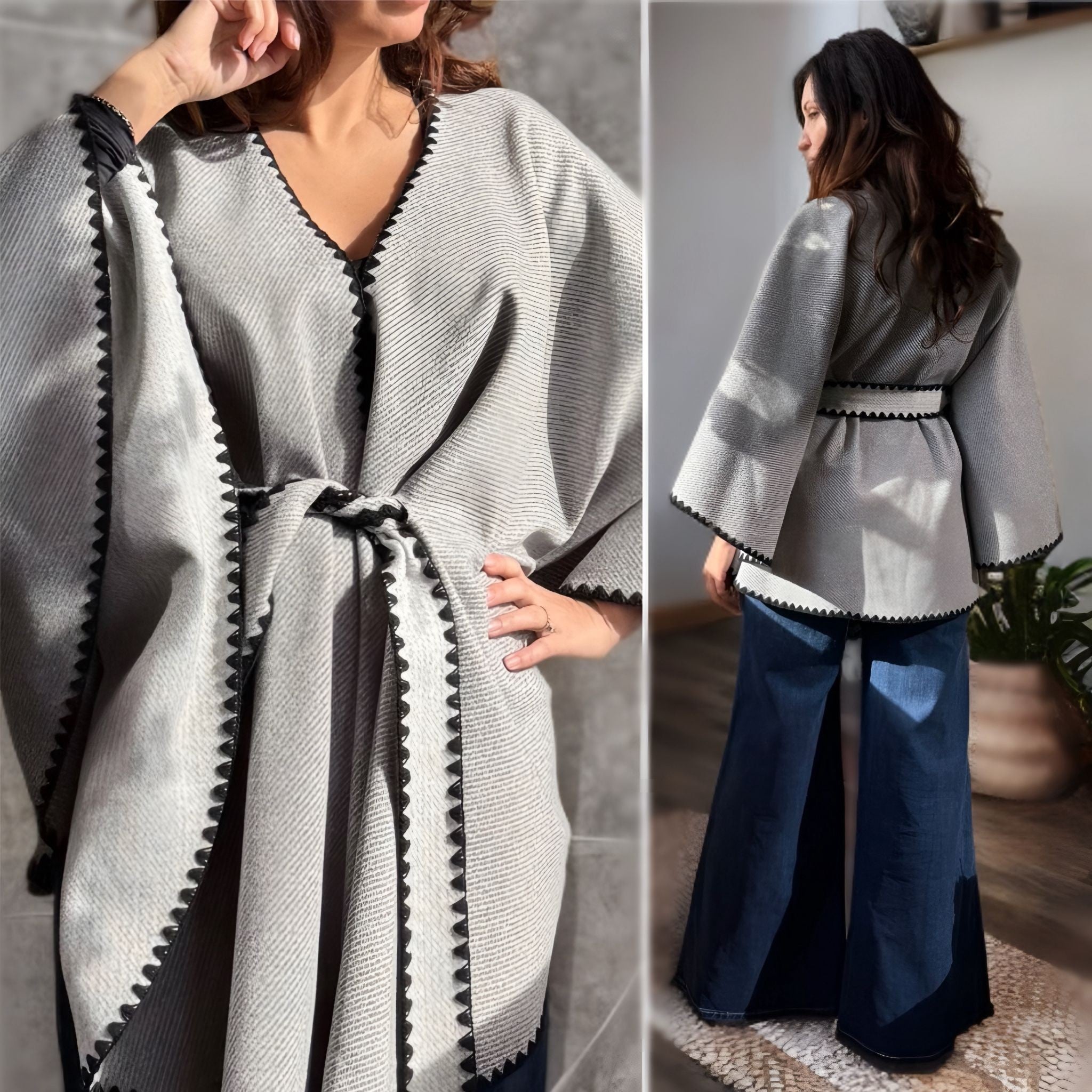 Poncho oversize gri cu cordon si broderie - Ela 05