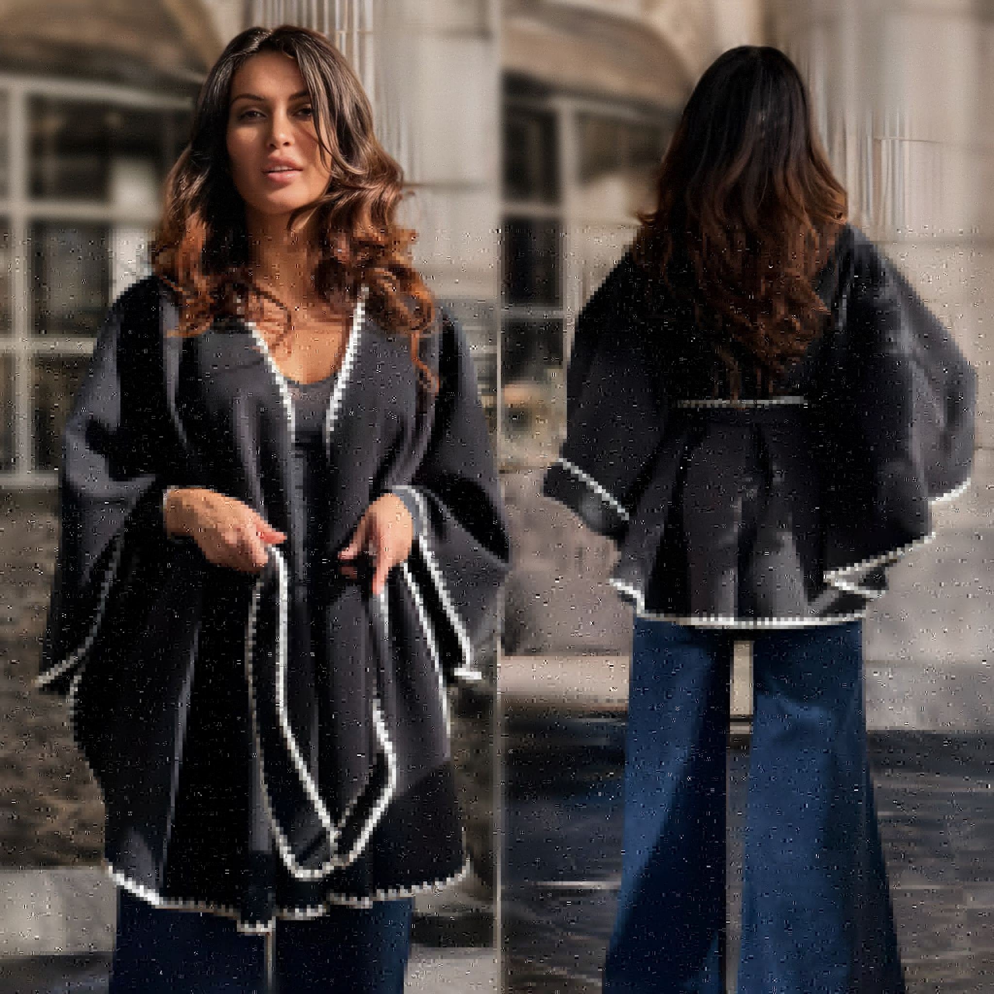 Poncho oversize negru cu cordon si broderie - Ela 02