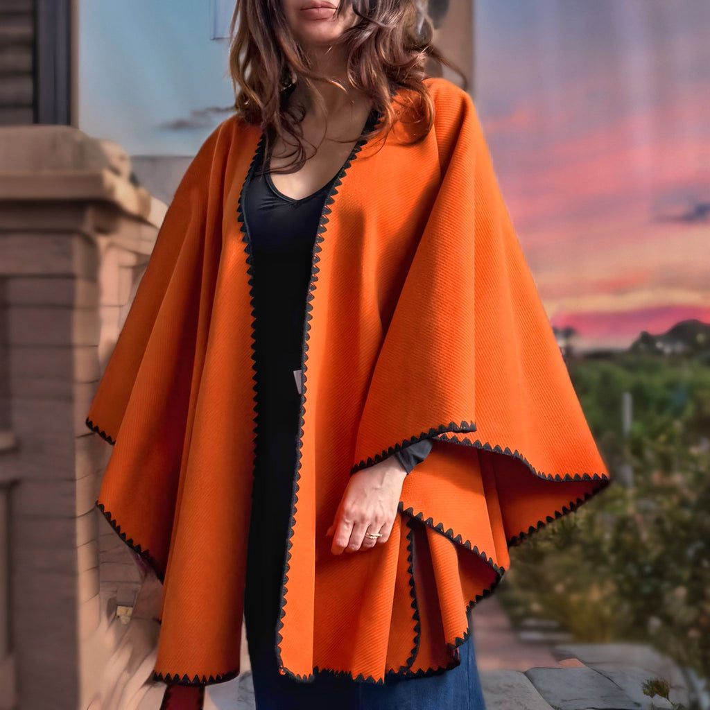 Poncho oversize portocaliu cu cordon si broderie - Ela 08