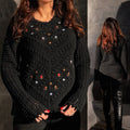 Pulover brodat, negru din tricot si broderie florala - Laura 03
