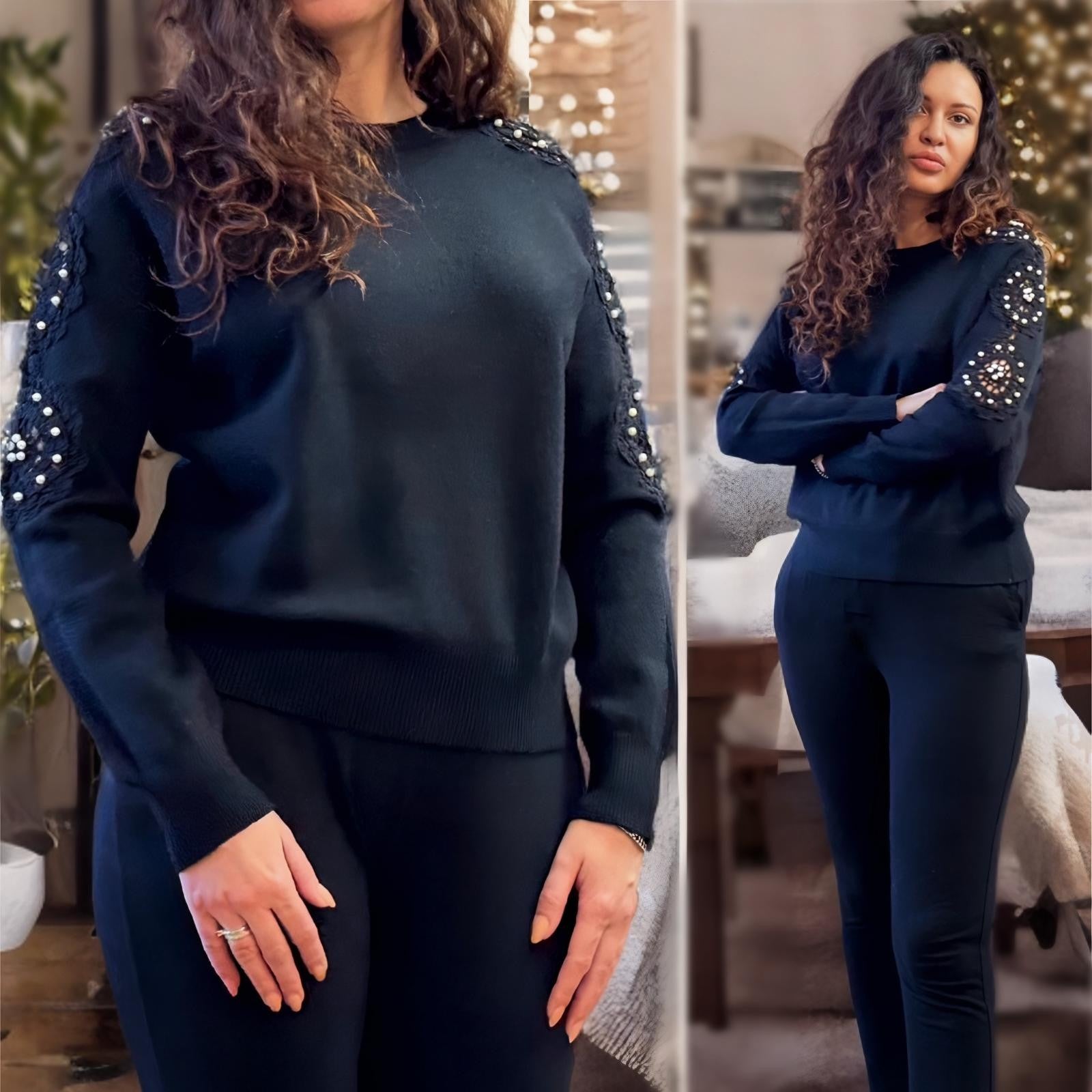 Bluza neagra din tricot cu perle - Nadia