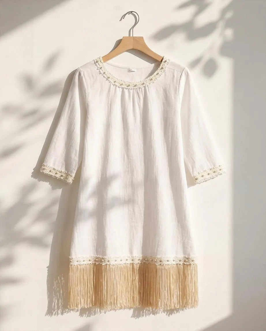 Rochie alba din panza topita cu franjuri - Monica 02