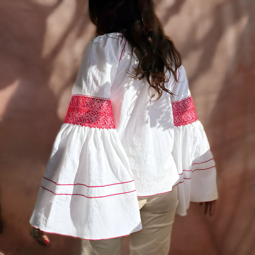 IE Nationala din panza de bumbac cu maneci evazate - Nicolle alb-rosu 02