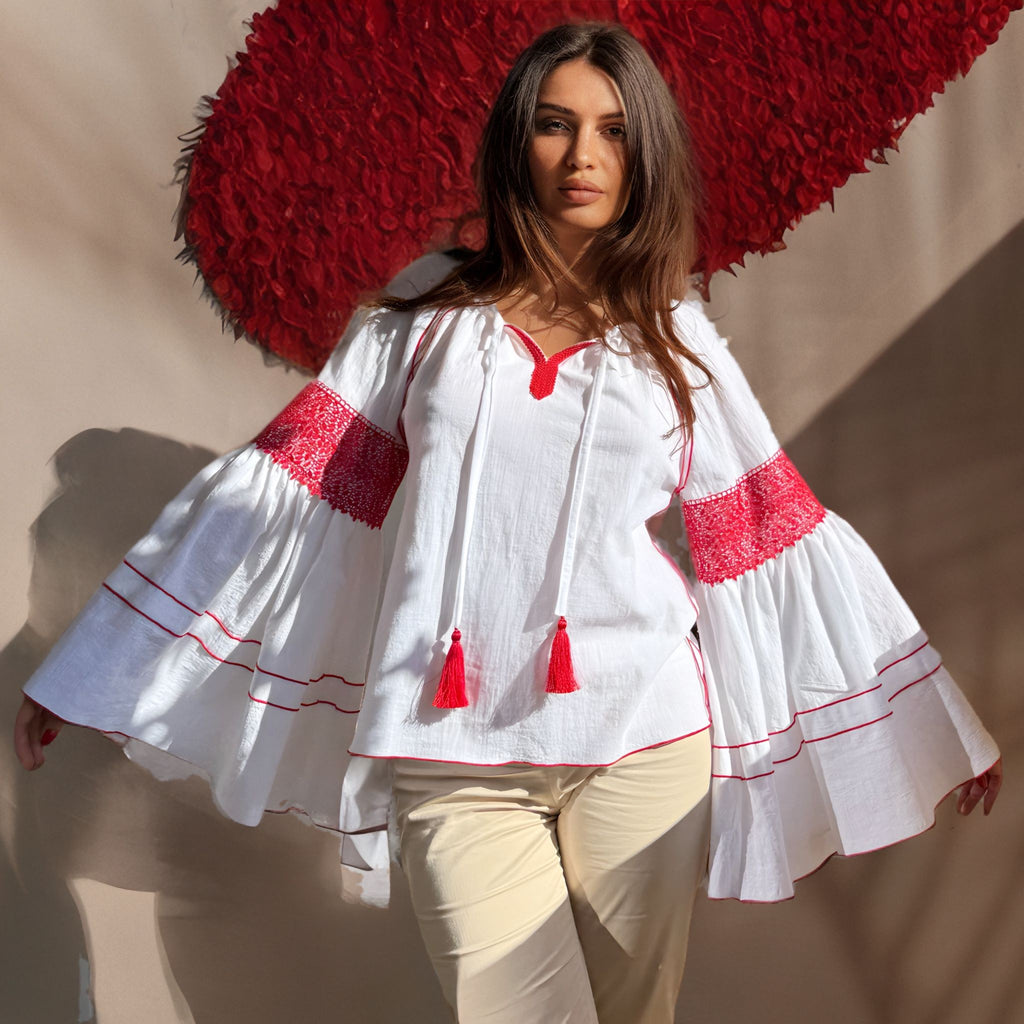 IE Nationala din panza de bumbac cu maneci evazate - Nicolle alb-rosu 02