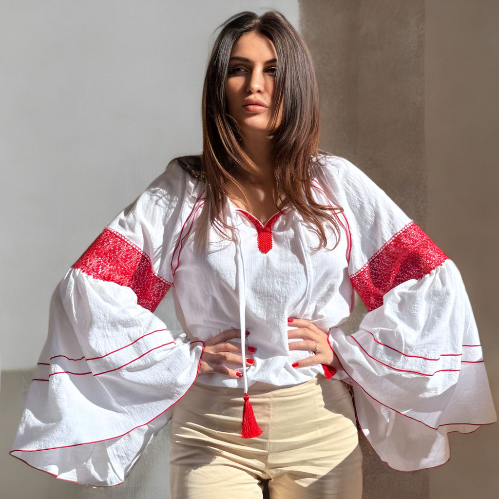 IE Nationala din panza de bumbac cu maneci evazate - Nicolle alb-rosu 02