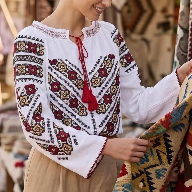IE Traditionala alba cu maneca lunga si flori brodate - Valentina