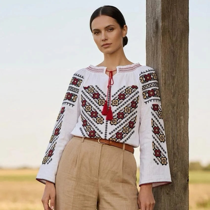 IE Traditionala alba cu maneca lunga si flori brodate - Valentina