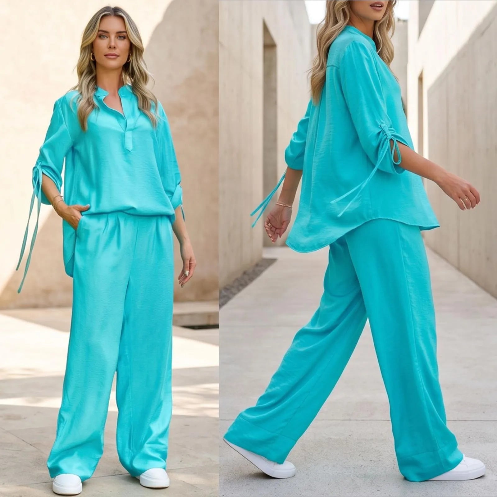 Set Bluza si Pantaloni din panza topita turcoaz - Sandra 03