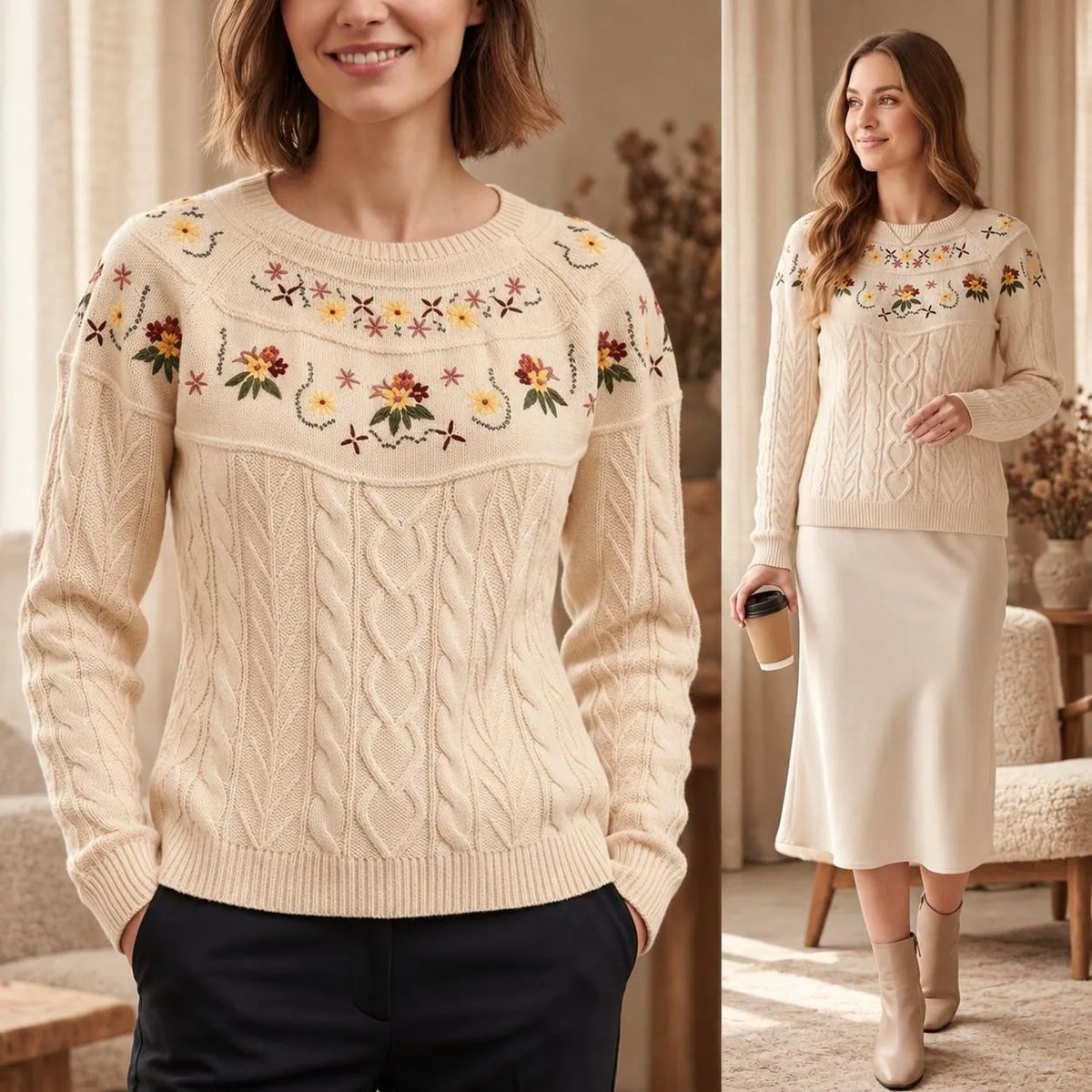 Pulover brodat, crem din tricot - Silvia