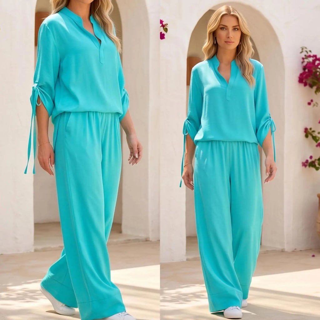 Set Bluza si Pantaloni din panza topita turcoaz - Sandra 03