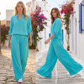 Set Bluza si Pantaloni din panza topita turcoaz - Sandra 03